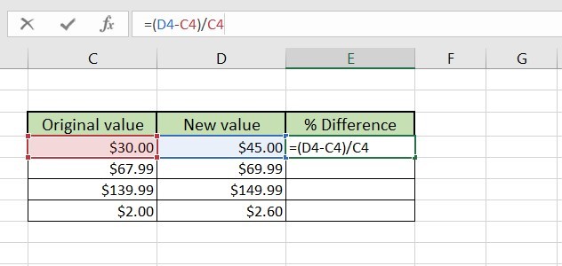 percentage difference formula