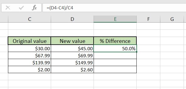 percentage difference calculated and formatted