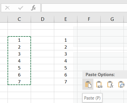 how to paste multiple cells in excel using the mouse
