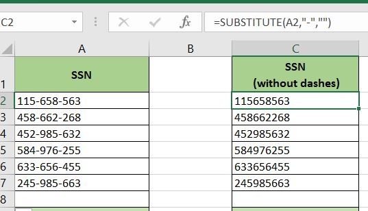 example of substitute formula to remove dashes